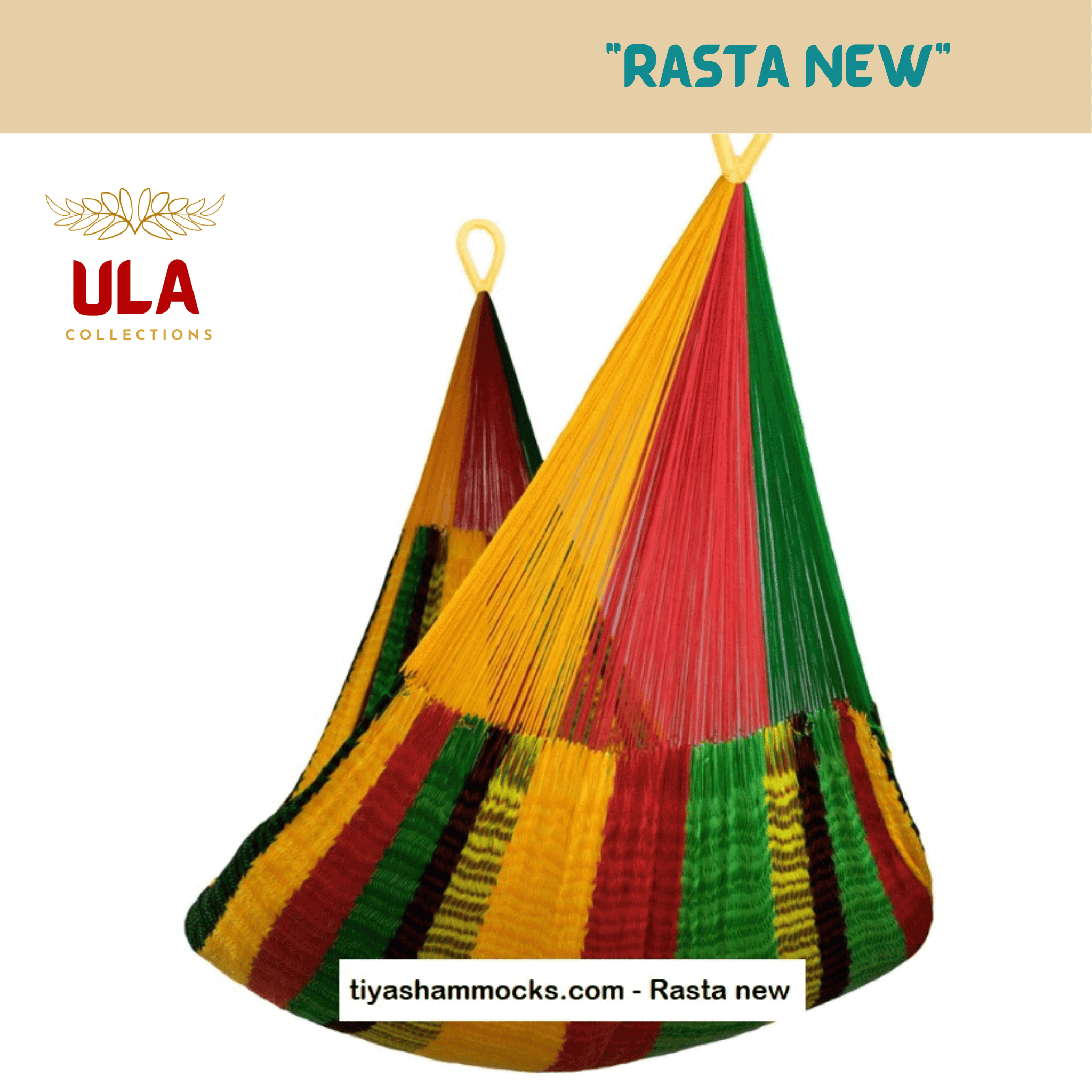 Woven net hammock chair, "Rasta New" pattern, with distinct vertical sections of red, green, and bright yellow/gold stripes, inspired by the Rasta colors.