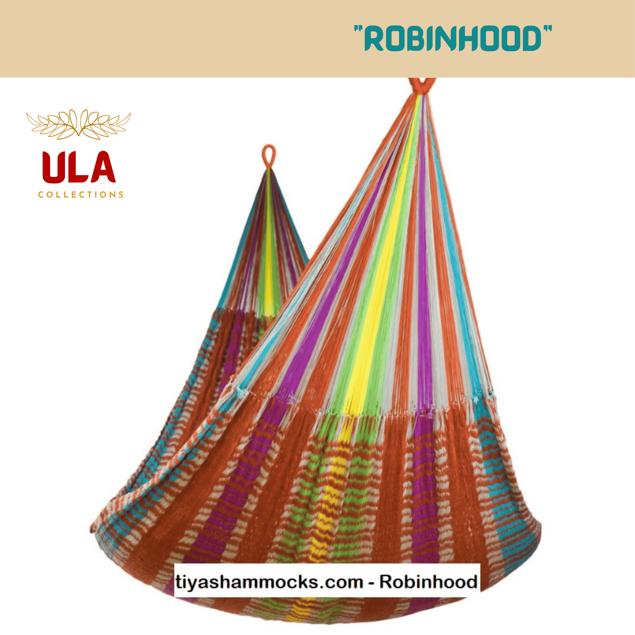 ULA "Robinhood" hanging hammock chair with a multi-colored base weave in orange, green, and blue, supporting vertical lines of bright rainbow colors like red, yellow, and purple.