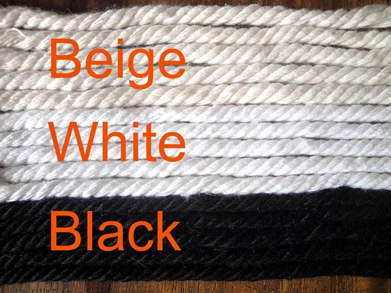Color Swatch of cotton rope for hammocks and hammock chairs showing rope options: beige, white, black