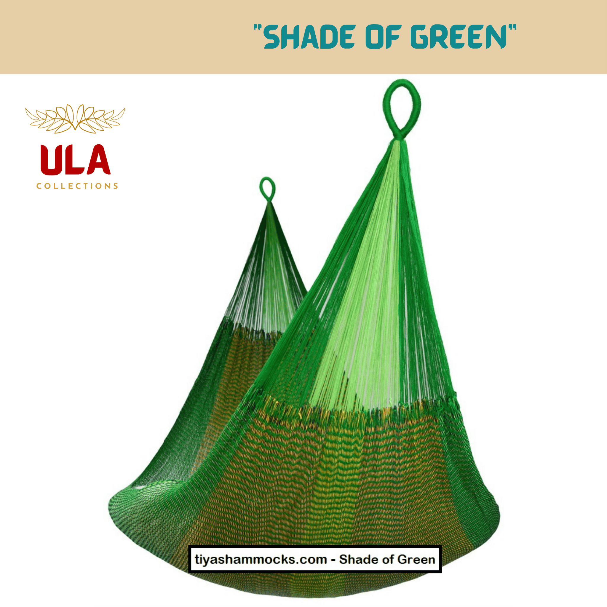 Woven net hammock chair, "Shade of Green" pattern, displaying an intense color gradient from deep forest green to bright lime green, perfect for a jungle or garden setting.