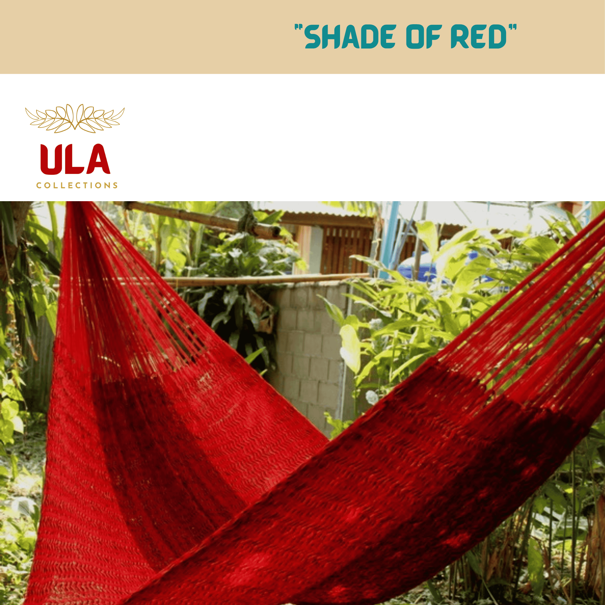 Close-up of a vivid, solid red woven net hammock hung outdoors in a lush, green, tropical or garden environment with natural foliage and a partial view of a concrete wall.
