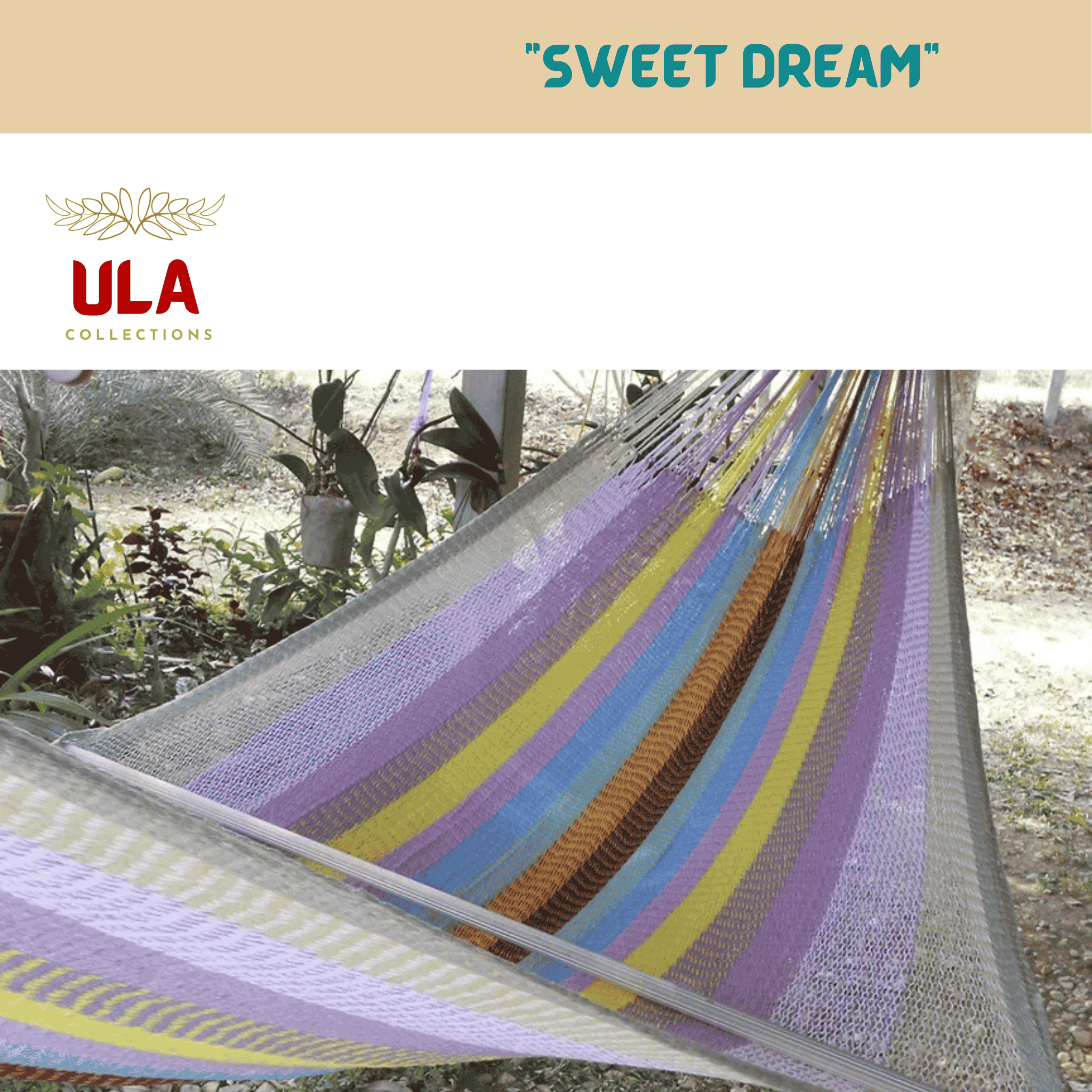 Wide striped net hammock, "Sweet Dream" pattern, hung outdoors in a garden setting, featuring soft, comforting colors including lavender/purple, yellow, blue, and light grey.