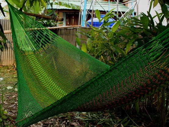 Woven net hammock chair, "Shade of Green" pattern, displaying an intense color gradient from deep forest green to bright lime green, perfect for a jungle or garden setting.