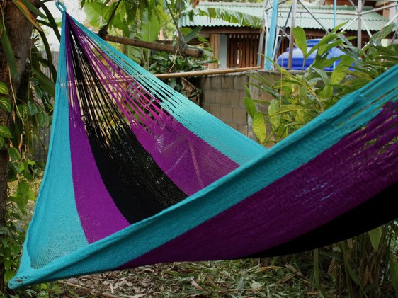 String hammock with bold turquoise, royal purple, and black vertical stripes hanging in a natural outdoor garden setting.