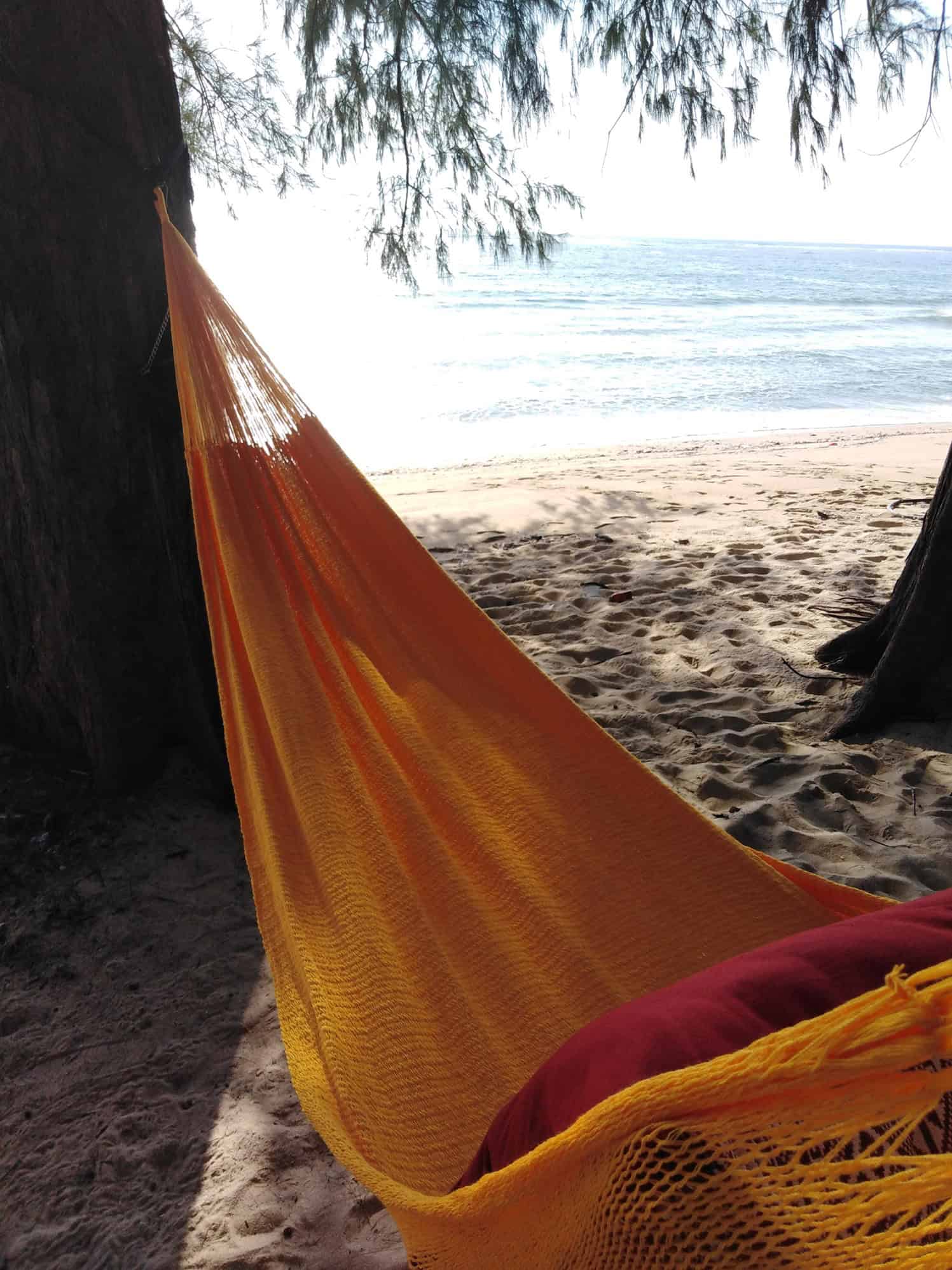 A yellow woven hammock with a red cushion hanging between two trees on a sandy beach, with the ocean visible in the background, offering an invitation to tropical relaxation.