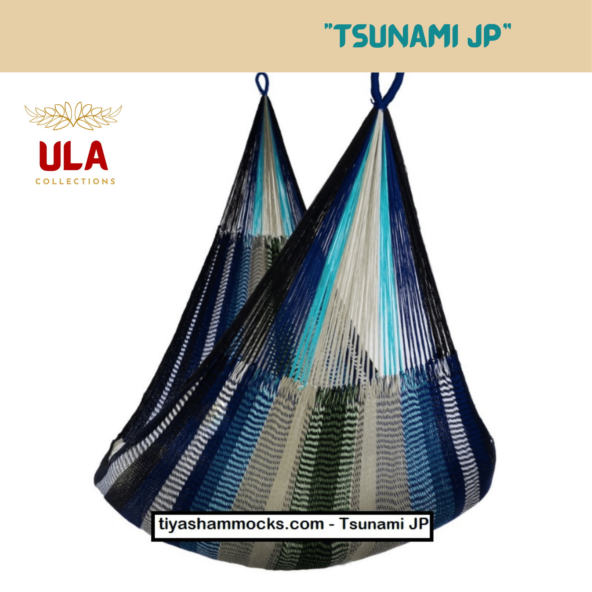Blue and white striped woven net hammock chair, "Tsunami JP" pattern, with varying shades of dark to light blue, white, and black/grey, evoking a deep ocean or water theme.