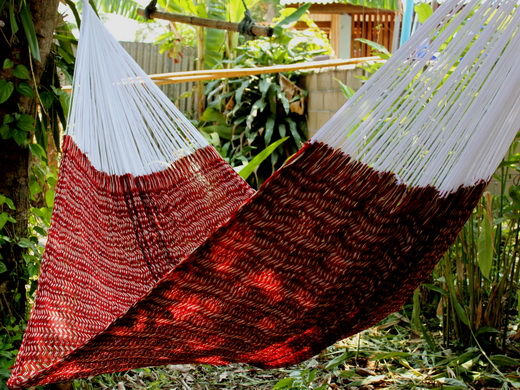 Woven net hammock chair, "Shade of Red YJ" pattern, with a clean contrast between a solid white top and a deep, richly textured burgundy/maroon lower section.
