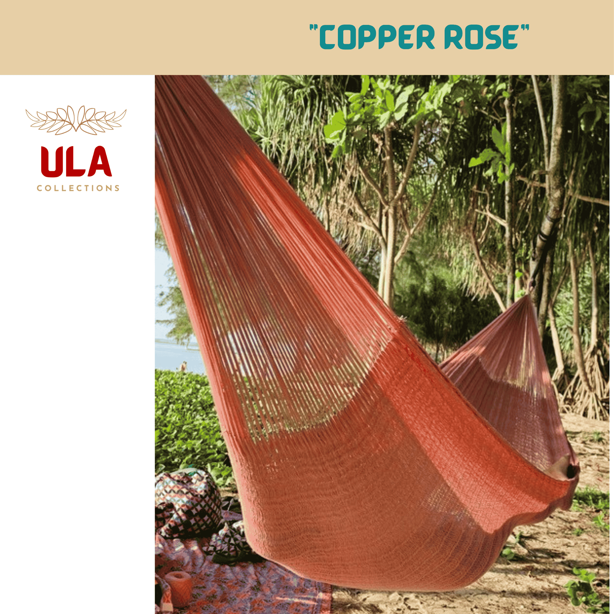ULA "Copper Rose" hammock in a solid burnt orange/copper tone, hanging between trees on a tropical beach with sand and lush foliage.