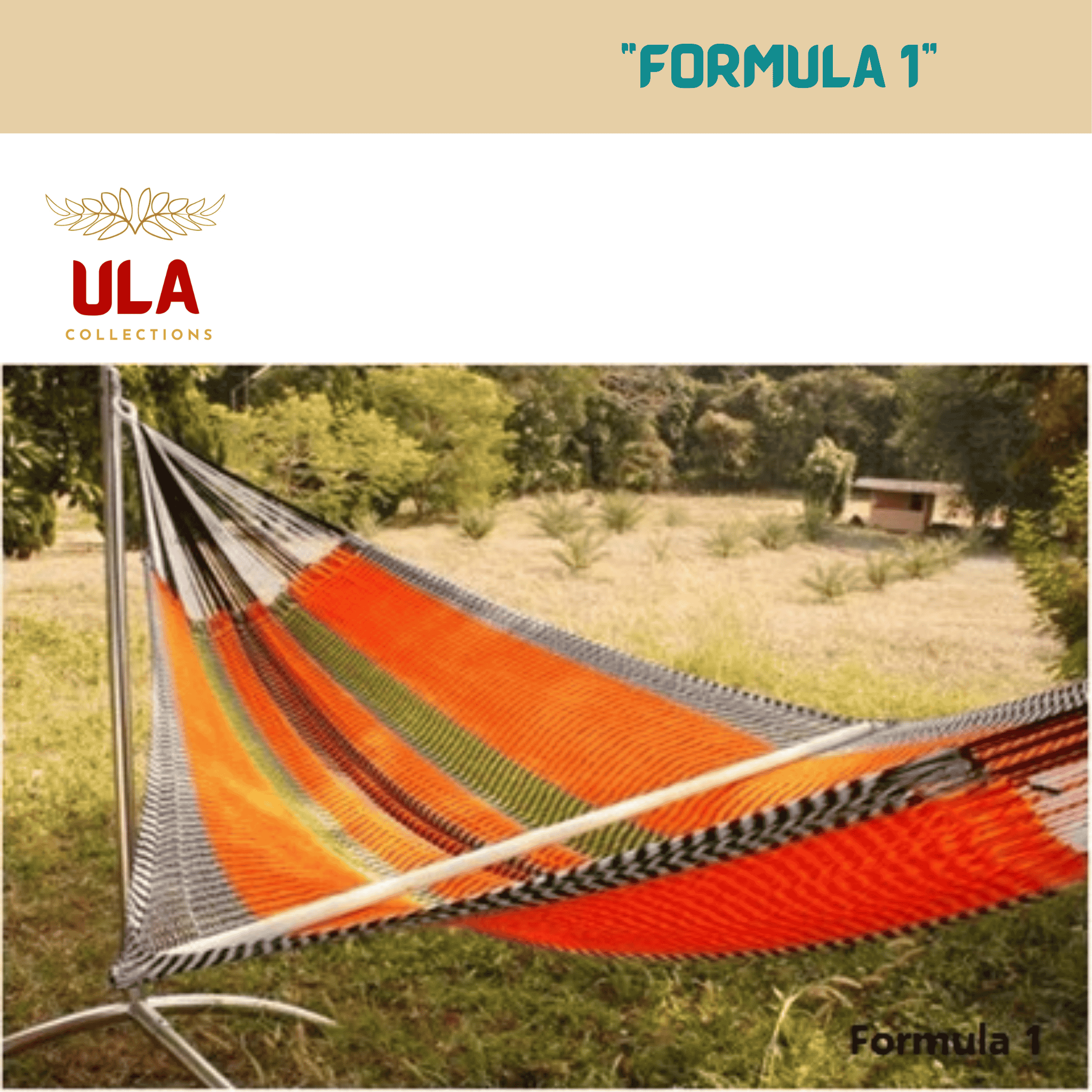 ULA Collections "Formula 1" hammock featuring bold orange, black, and gray stripes with a spreader bar, set up on a metal stand in a grassy tropical garden environment.
