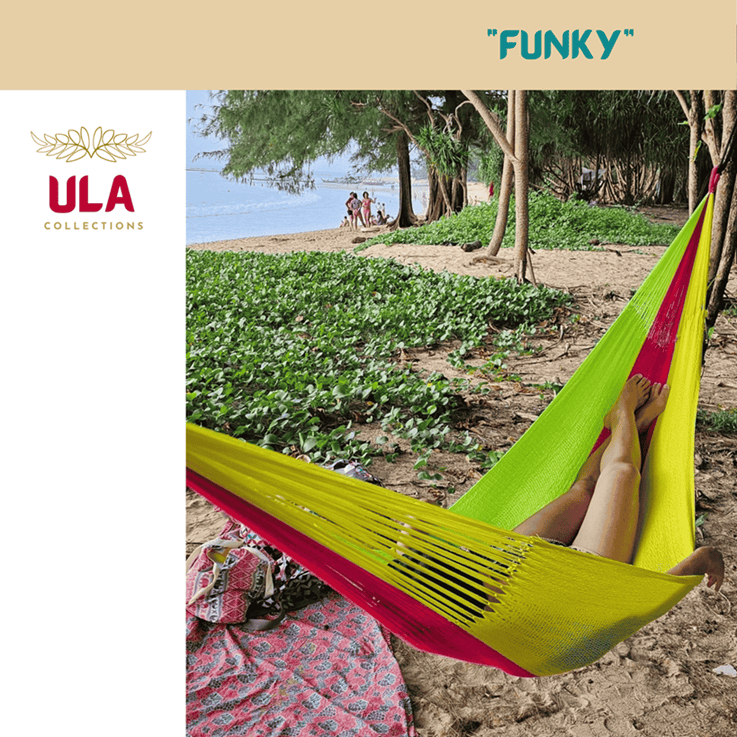 ULA Collections "Funky" style woven cotton hammock in vibrant neon green, magenta pink, and bright yellow stripe colors.