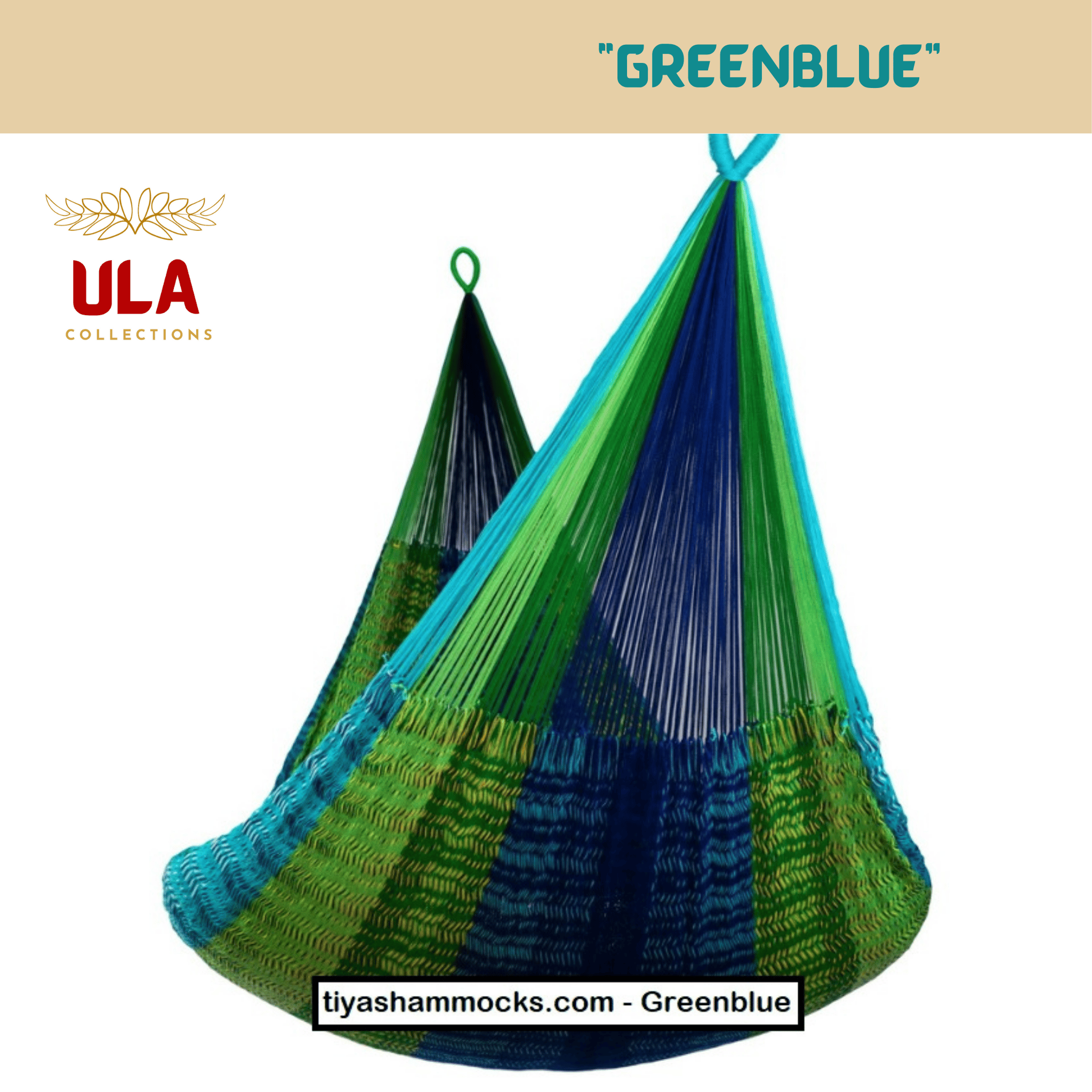 ULA "Greenblue" hanging hammock chair in a vibrant blend of lime green, royal blue, and turquoise, featuring a richly patterned, tropical color scheme.