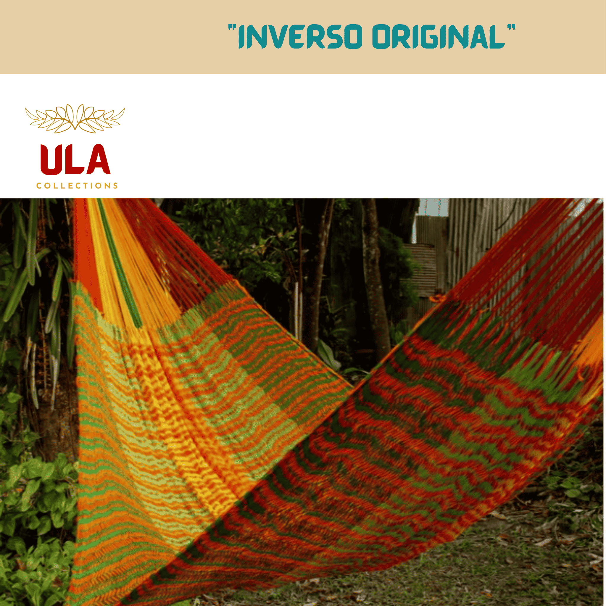 ULA Trendy hand-woven hammock in white, red, and yellow with four floral orange pillows, suspended from a pillar on a bright outdoor patio in front of a wellness center for resort-style relaxation.