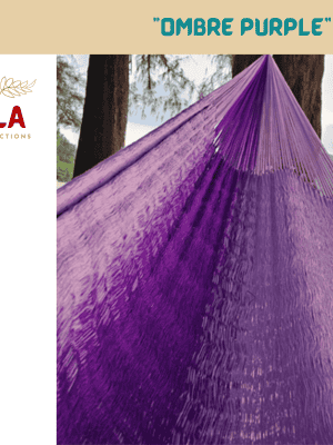 ULA Collections "Ombre Purple" hand-woven string hammock, shading from light lavender to deep violet, gathered end style.