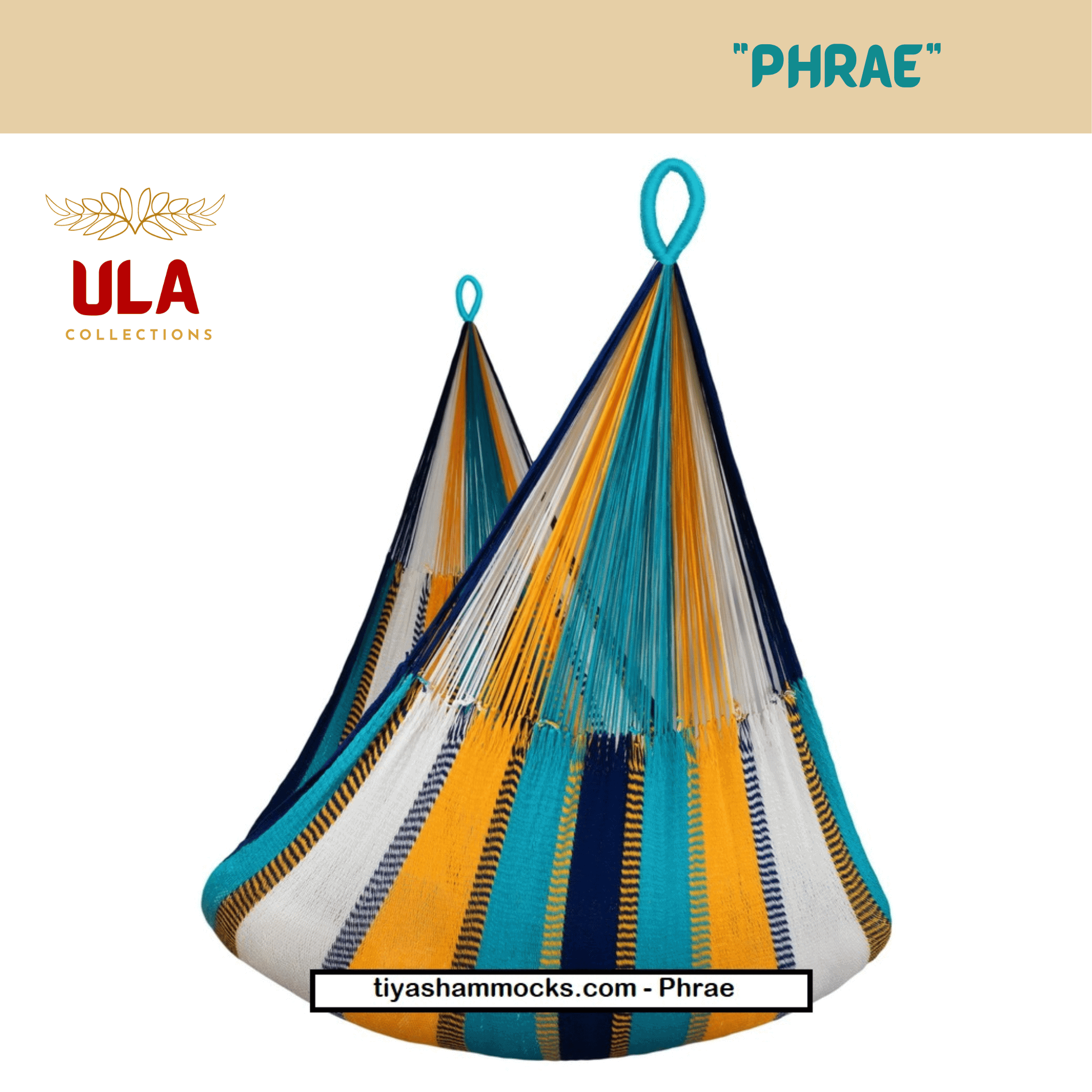 ULA "Phrae" hanging hammock chair in striking colors of yellow/gold, turquoise, deep navy, and white vertical stripes, inspired by bold Thai textiles.
