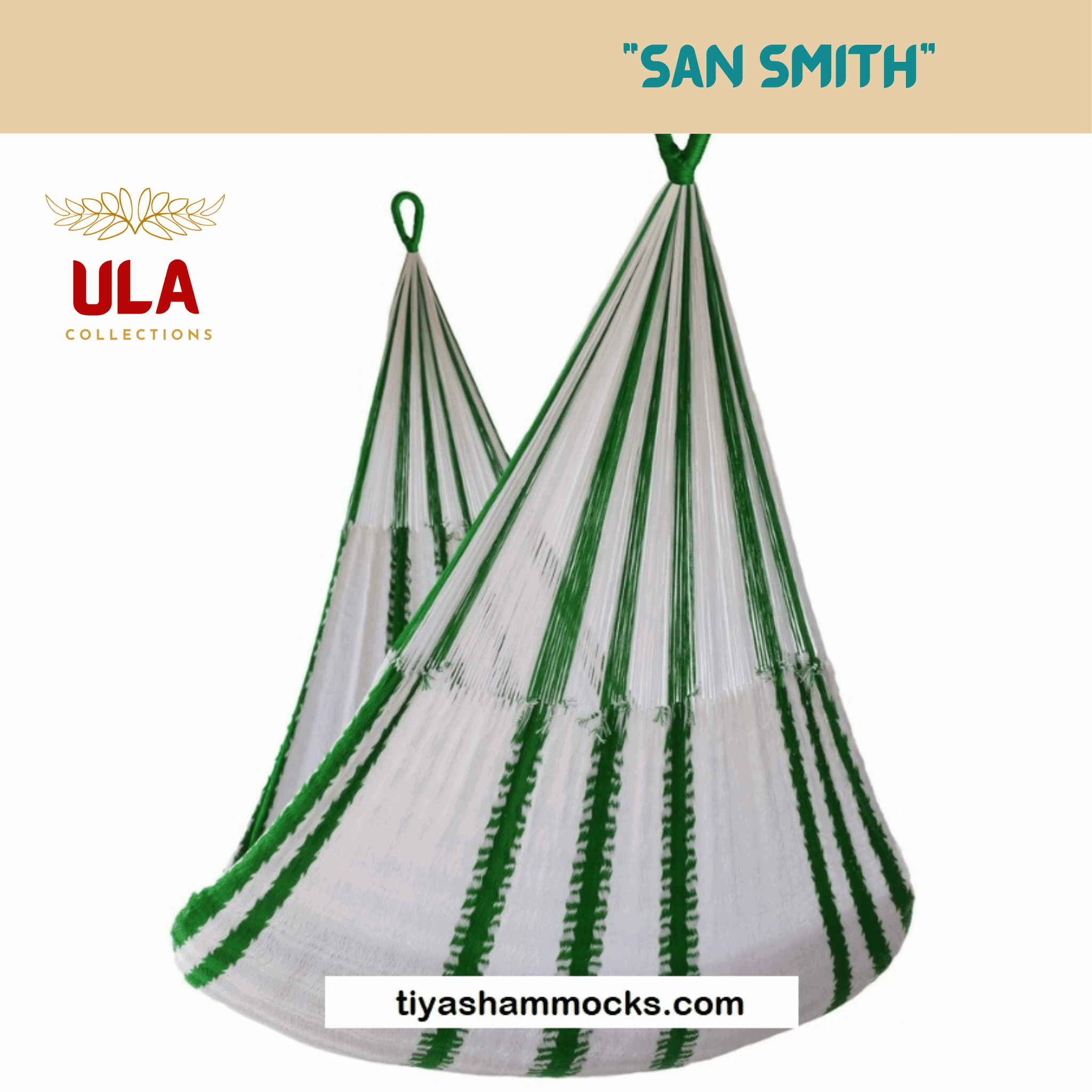 ULA "San Smith" hanging hammock chair featuring bold vertical stripes of white and bright green, ideal for adding a fresh, tropical pop of color to any space.