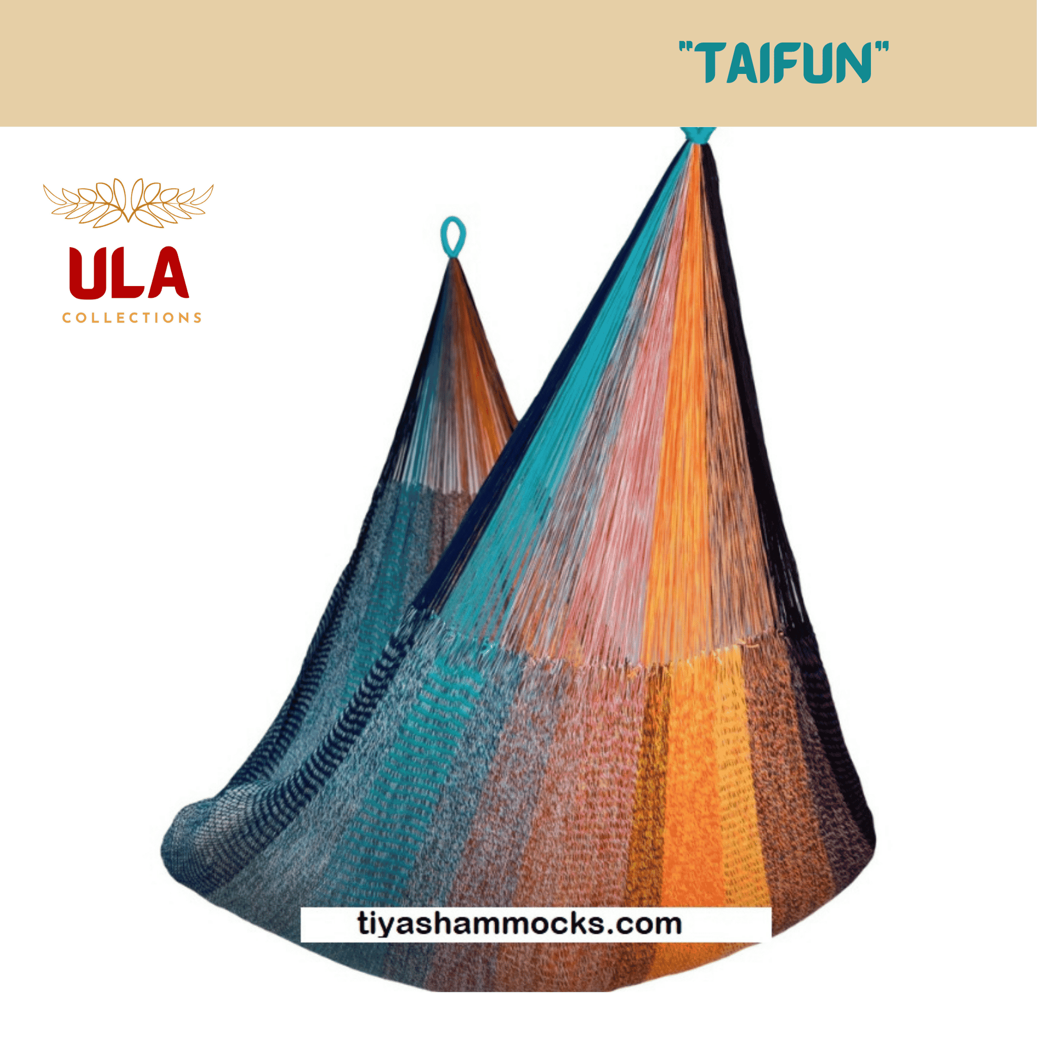 Woven net hammock chair, "Taifun" pattern, featuring a vibrant gradient of colors from deep blue/teal to bright orange and yellow, suggesting a sunset or tropical theme.