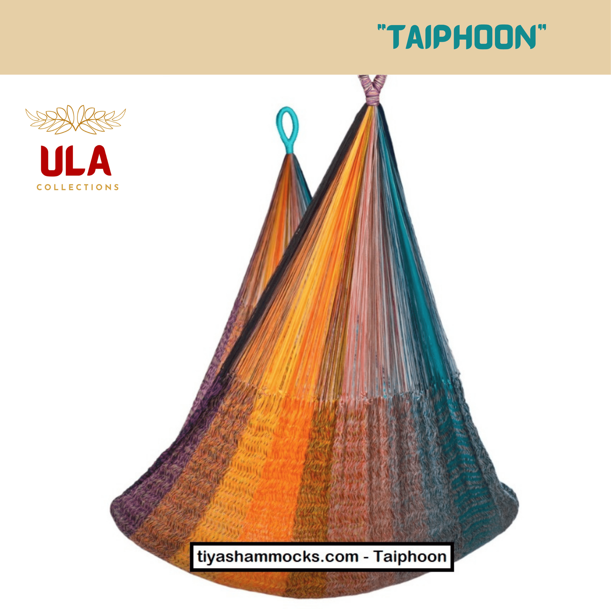 Deeply colored woven net hammock chair, "Taiphoon" pattern, featuring a rich, dark gradient of colors including purple, dark orange, brown, and teal, suggesting a stormy or moody atmosphere.