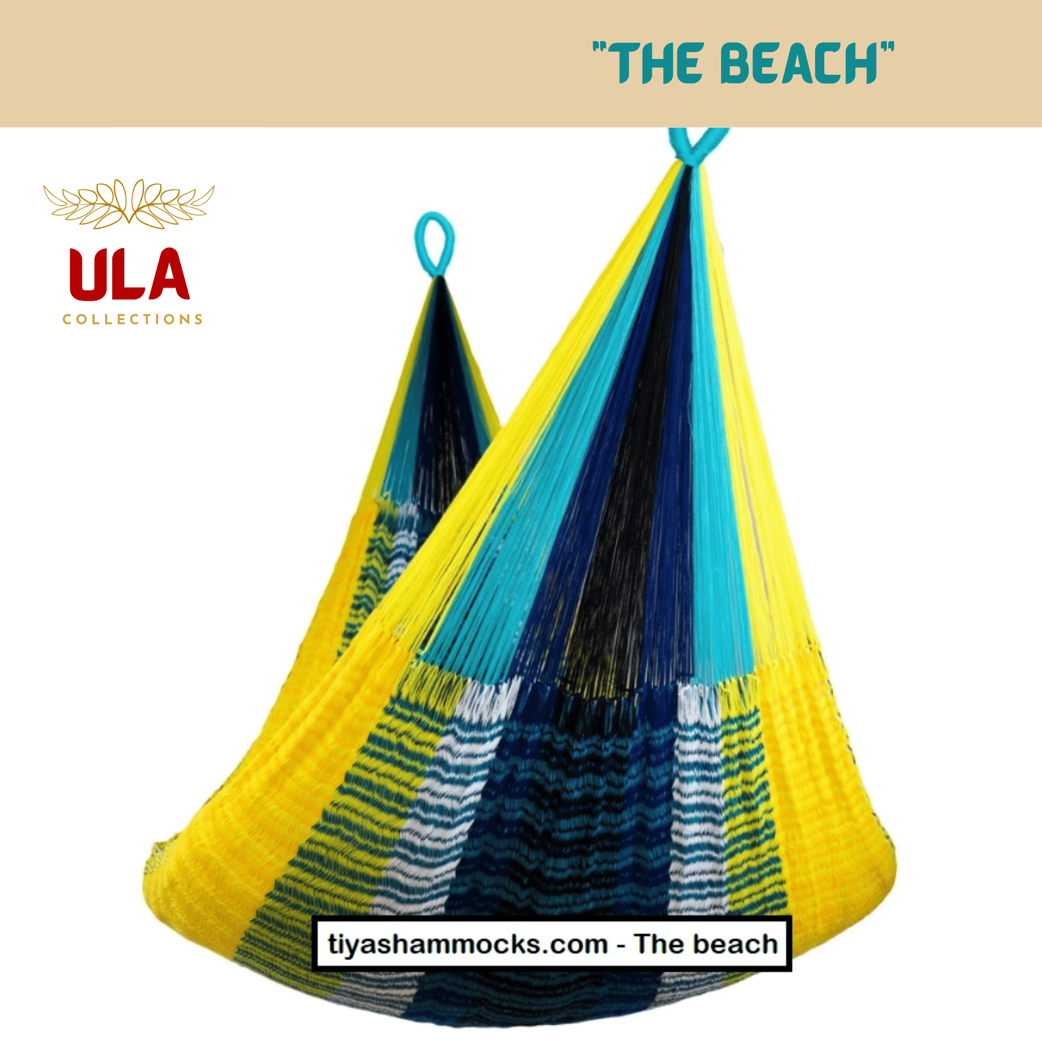 ULA "The Beach" hanging hammock chair in bright yellow, electric blue, and black stripes, using a durable weave in a vibrant, nautical-inspired color palette.
