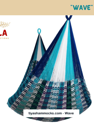 Multi-patterned woven net hammock chair, "Wave" pattern, with blue, white, teal, green, and purple colors in a distinct wave-like pattern at the bottom, conveying a water theme.
