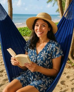 a girl in a royal blue hammock - brand and branding