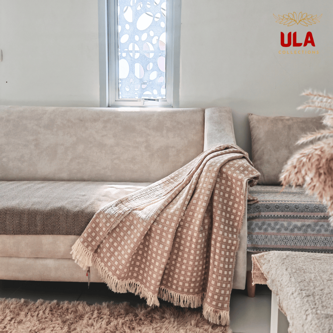 Plum taupe checkered cotton throw blanket with a small grid pattern and decorative fringe, rustic interior decor and soft couch wrap by ULA Collections.