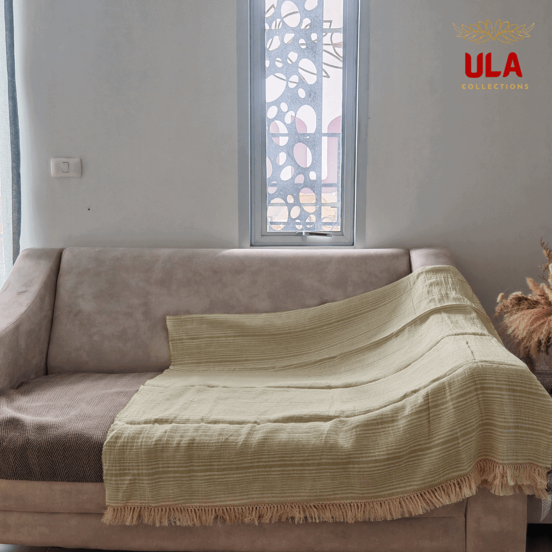 light cream woven throw blanket with fine pale green horizontal stripes and thick fringe, draped over a neutral beige sofa.
