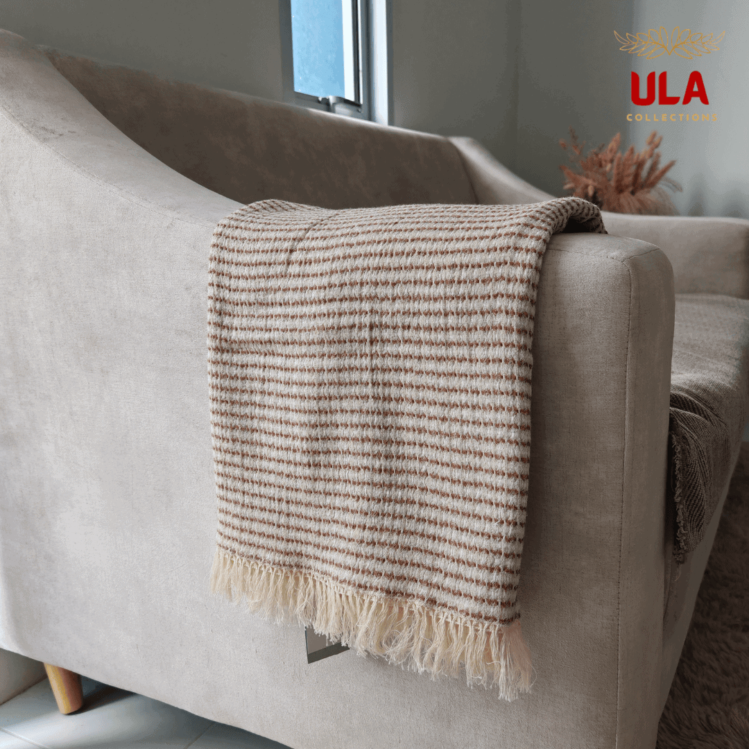 Close-up of ULA Collections cream and red-brown striped throw blanket with fringe, folded over the arm of a neutral-colored sofa.
