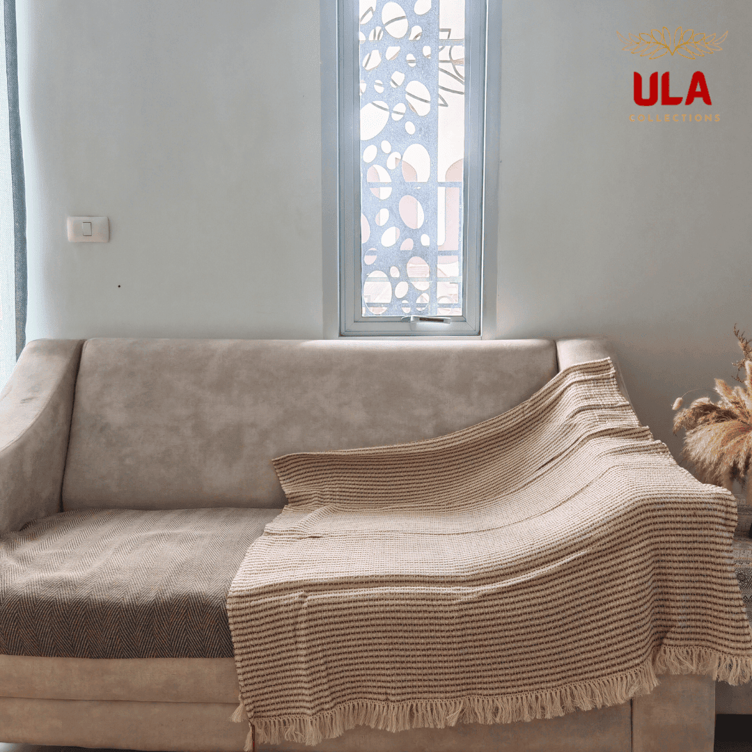 striped woven throw blanket in cream with thin red-brown horizontal stripes and fringe, draped over a neutral beige sofa.