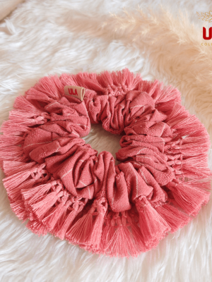 Cotton linen with dusty pink fringe scrunchie