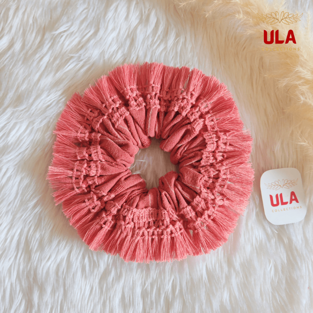 Cotton linen with dusty pink fringe scrunchie