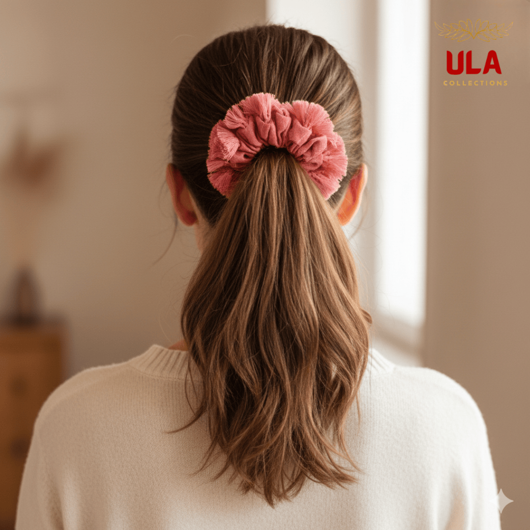 hair ponytail wrapped in a cotton linen with dusty pink fringe scrunchie