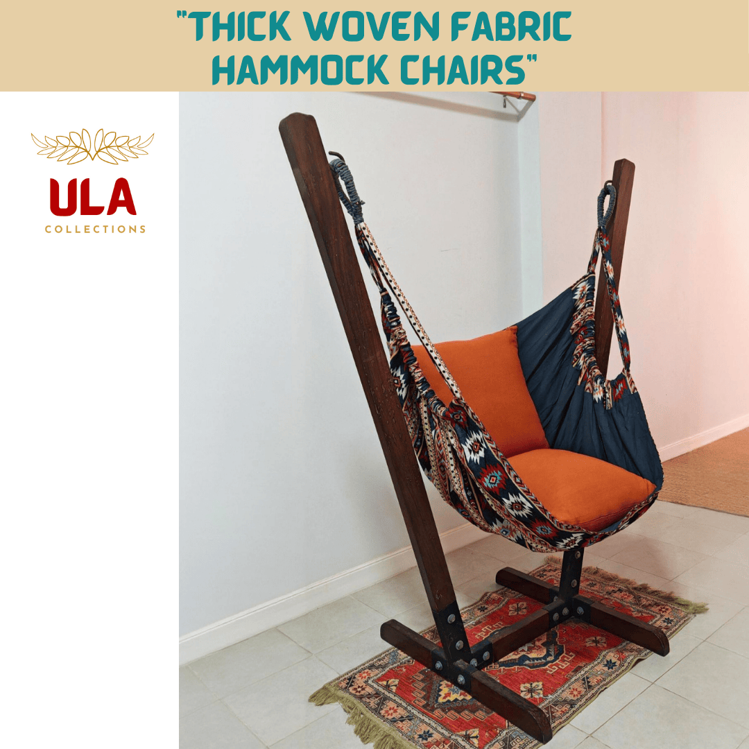 Navy and orange Native design woven hammock chair on a wooden stand
