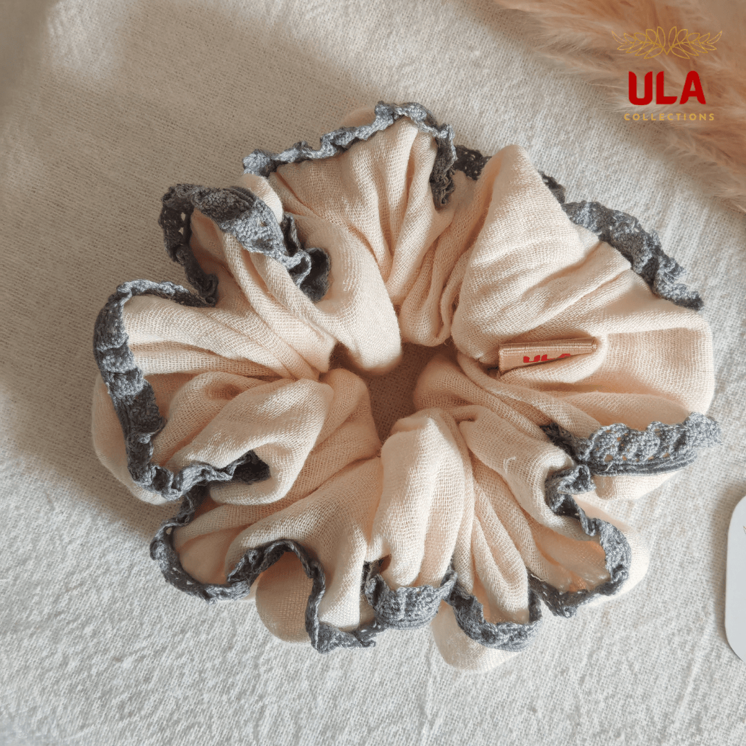cream color with grey lace trim scrunchie