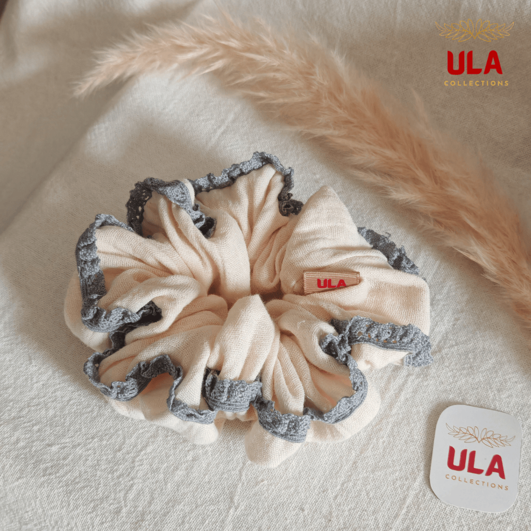 cream color with grey lace trim scrunchie