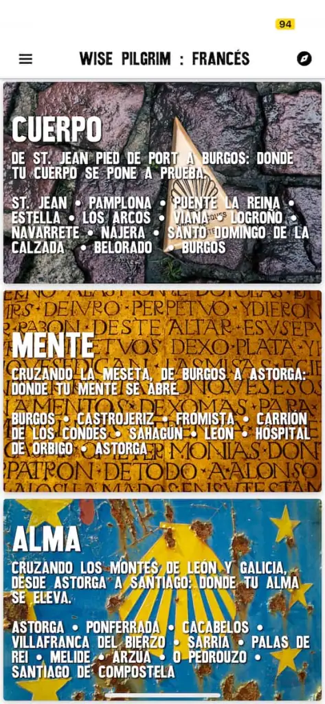 Screenshot of the Wise Pilgrim Francés App showing different sections of the trail.