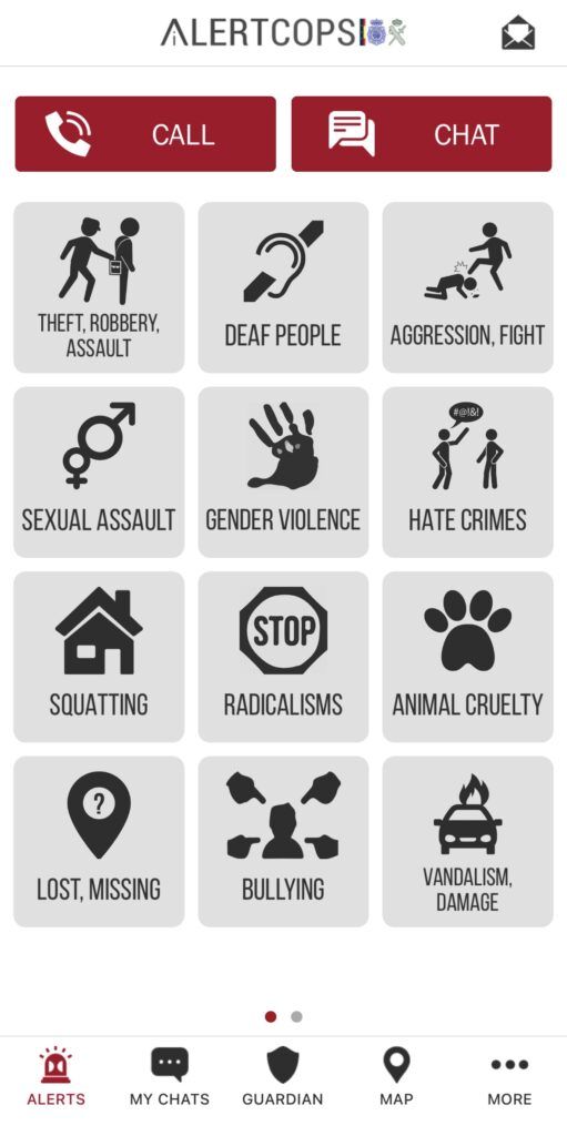 Alertcops app screenshot showing various crime options to report to the police