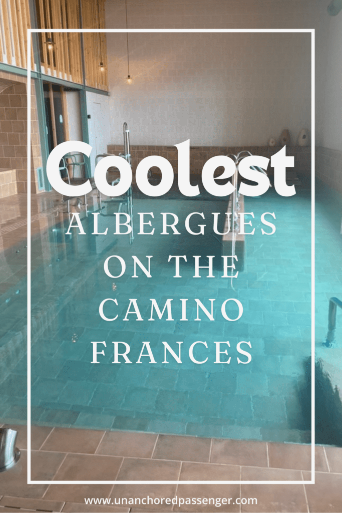 Hydrotherapy pool at an albergue in Hontanas, Spain with text that says, "Coolest Albergues on the Camino Frances"