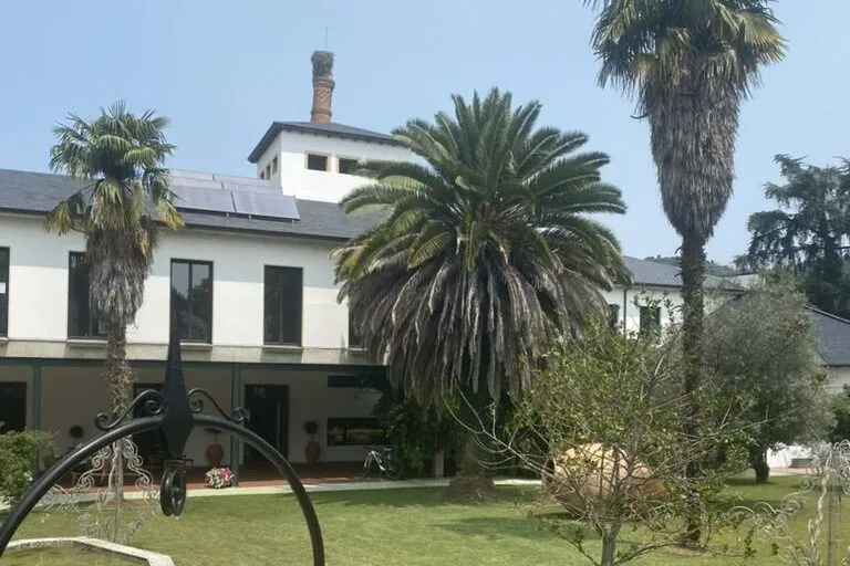 Outside of an albergue with palm trees in Villafranca del Bierzo