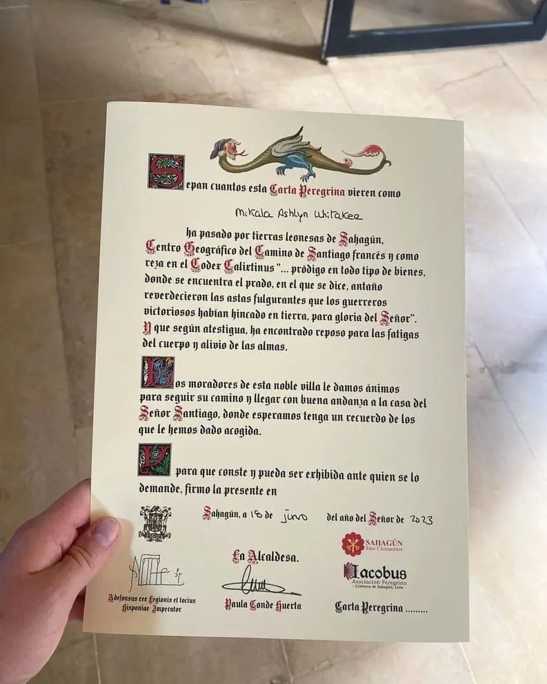 A pilgrim's halfway certificate for reaching the halfway point of the Camino Francés