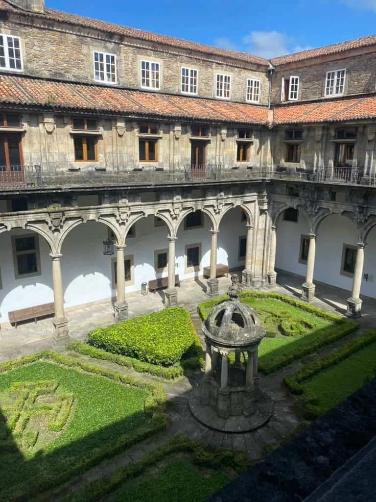 View from above of a courtyard at the Parador Hotel in Santiago de Compostela, Spain