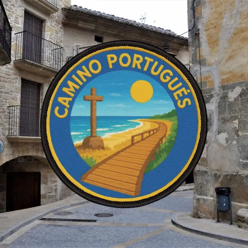 Blue patch showing a cross and boardwalk on the beach that says "Camino Portugués"