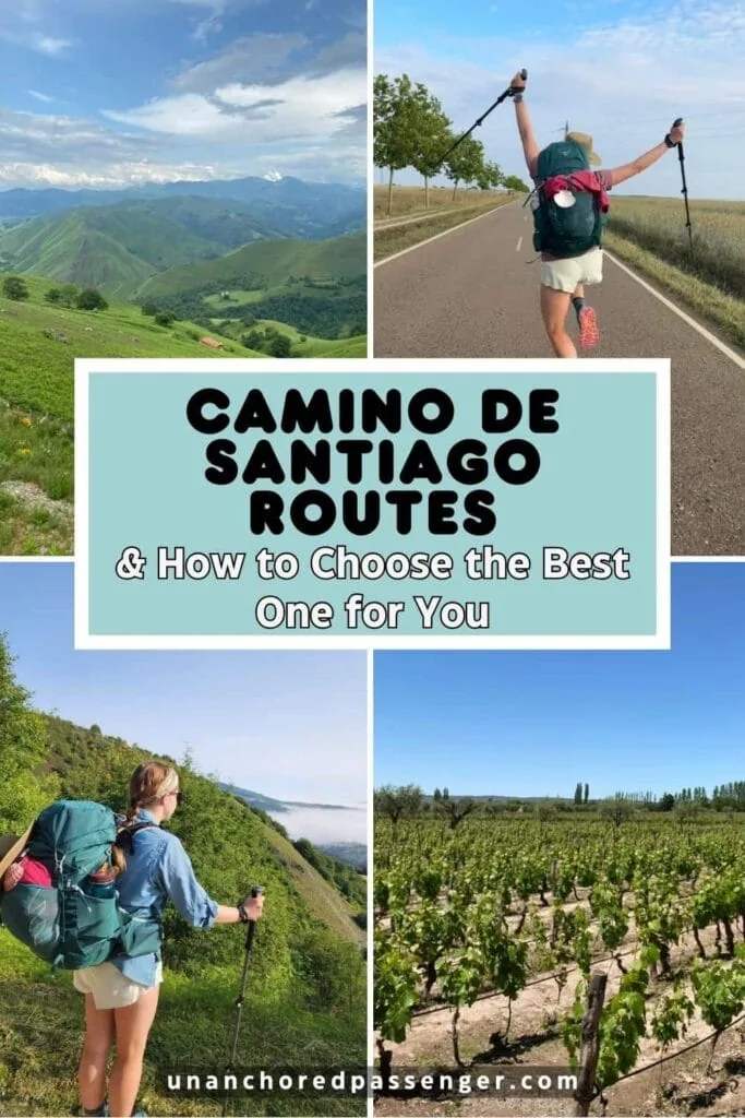 Collage that says "Camino de Santiago Routes & How to Choose the Best One for You" with images of the Pyrenees Mountains, Mikala jumping in the air while hiking on a road, Mikala looking out over a mountain viewpoint while hiking, and vineyards