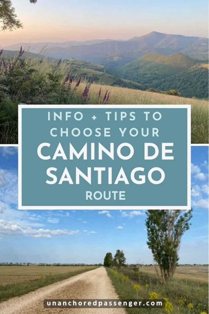 Collage that says "Info + Tips to Choose Your Camino de Santiago Route" and images of a sunrise with a mountain in the distance and a sunny flat dirt path through a grassy area with a tree