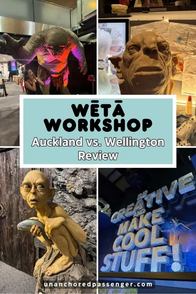 Collage of images from Wētā Workshop in Auckland and Wellington, New Zealand and text that says, "Wētā Workshop Auckland vs. Wellington Review"