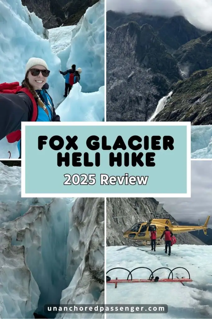 Collage of images of a Fox Glacier heli hike with text that says, "Fox Glacier Heli Hike 2025 Review"