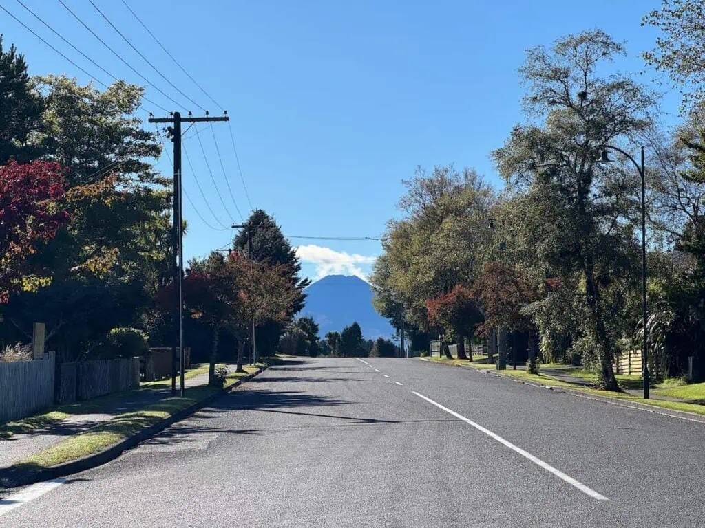 View of Mount Ngauruhoe from a road lined with trees in National Park, New Zealand.