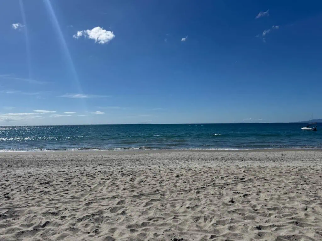 Powdery soft light gray sand with vibrant blue water and sunny clear skies at Onetangi Beach on Waiheke Island in New Zealand.