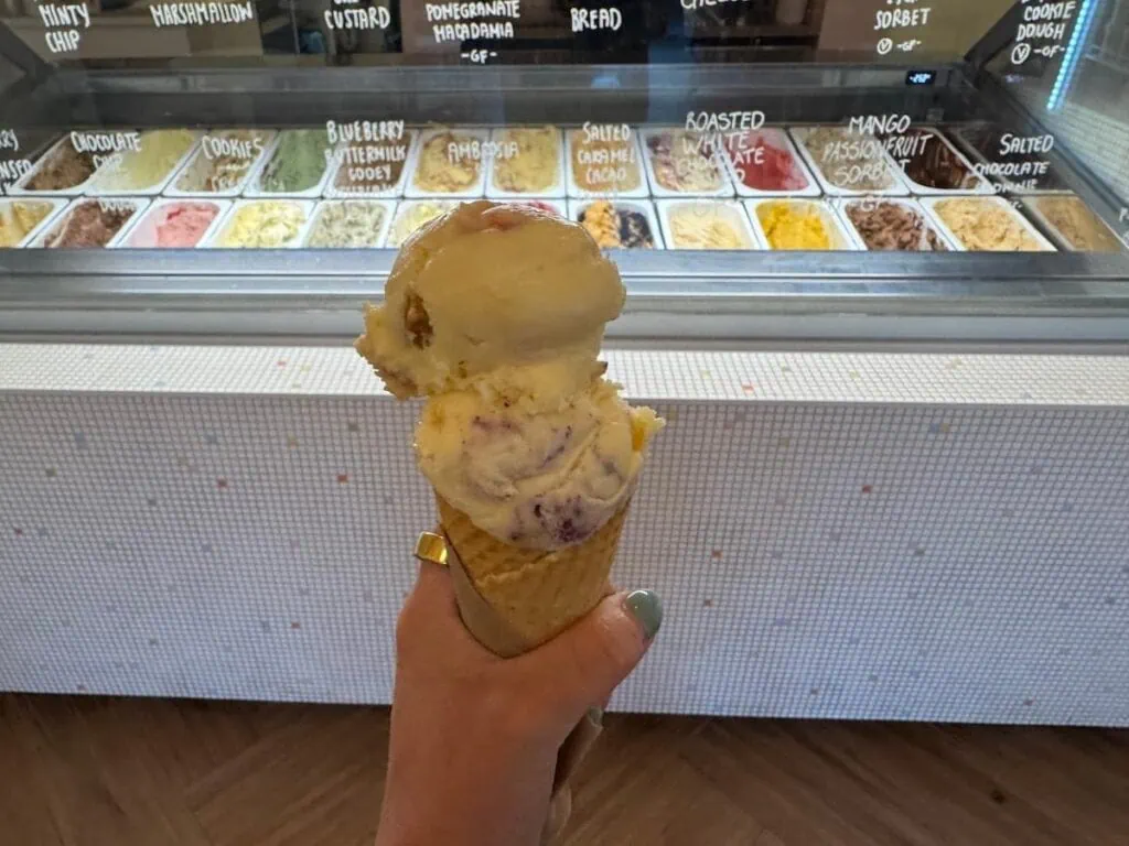 Hand holding up an ice cream cone with two scoops with various ice creams in the background at Duck Island Ice Cream in Wellington, New Zealand.