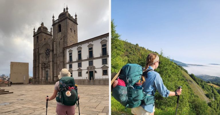 Collage with a Camino Mikala looking away from the camera at the cathedral in Porto about to start the Camino Portugués and then Mikala looking out at the mountains on the Camino Francés