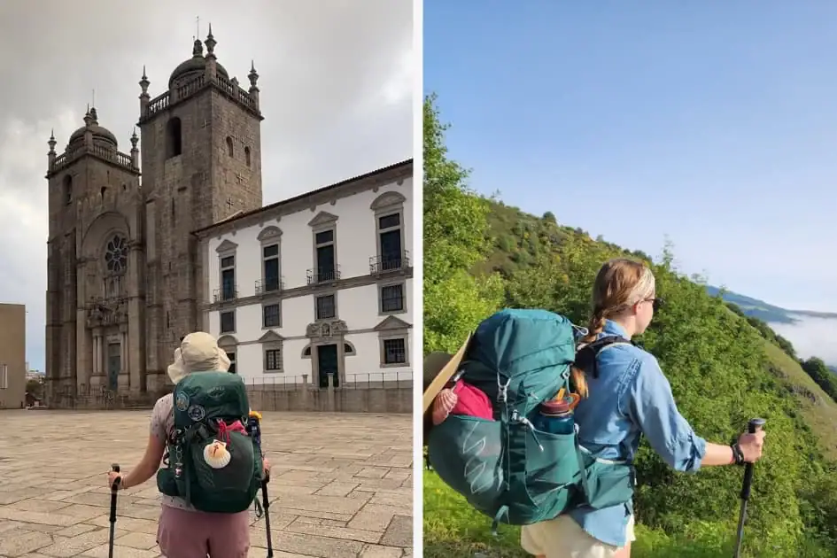 Collage with a Camino Mikala looking away from the camera at the cathedral in Porto about to start the Camino Portugués and then Mikala looking out at the mountains on the Camino Francés